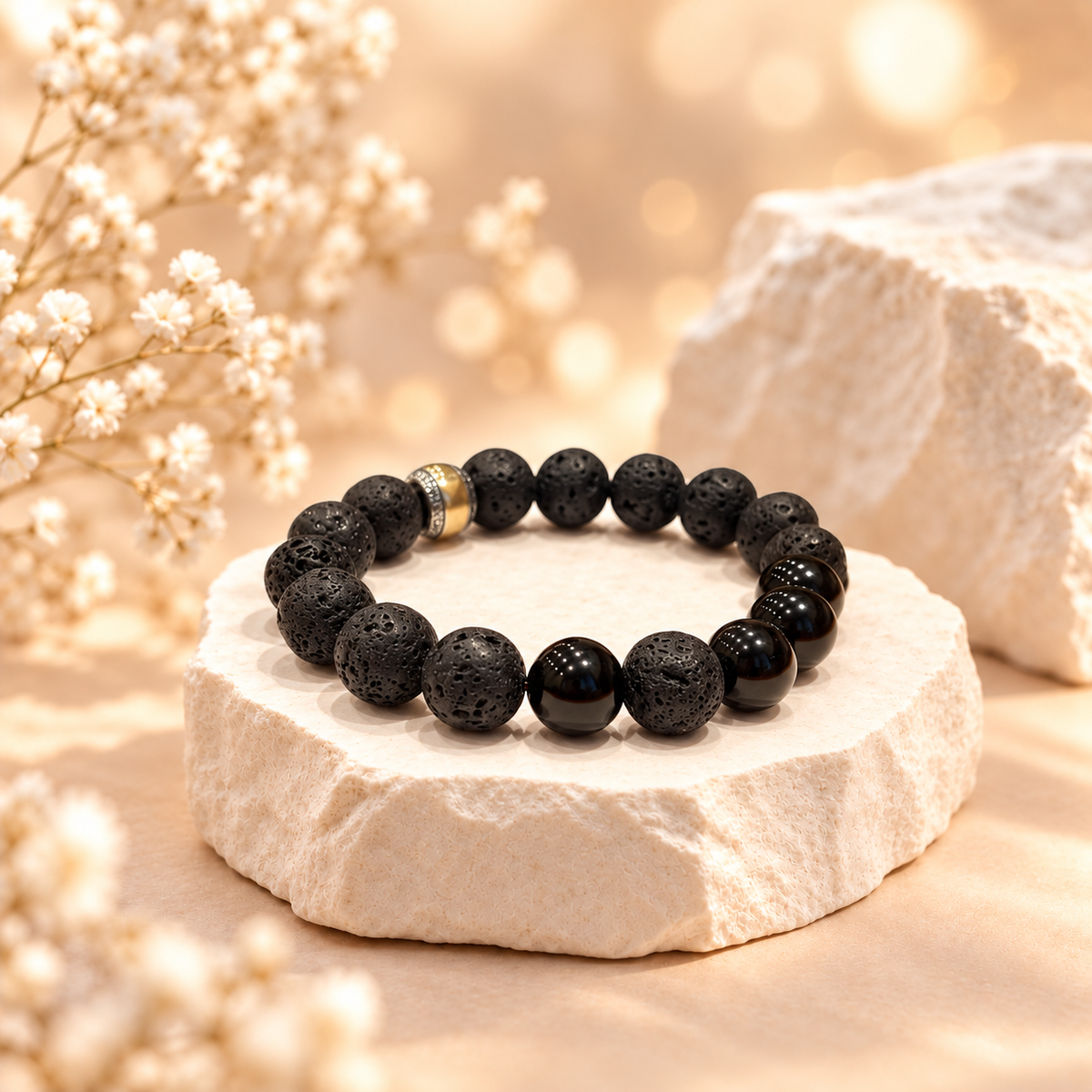 Lava Stone Bracelet with Black Obsidian
