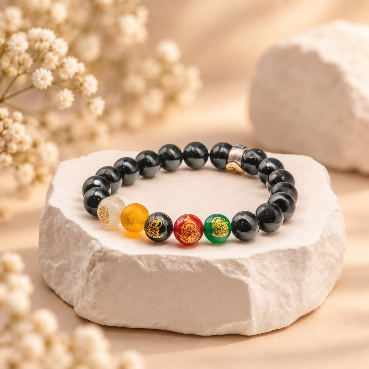 Black Agate Bracelet with Five Roads God of Wealth