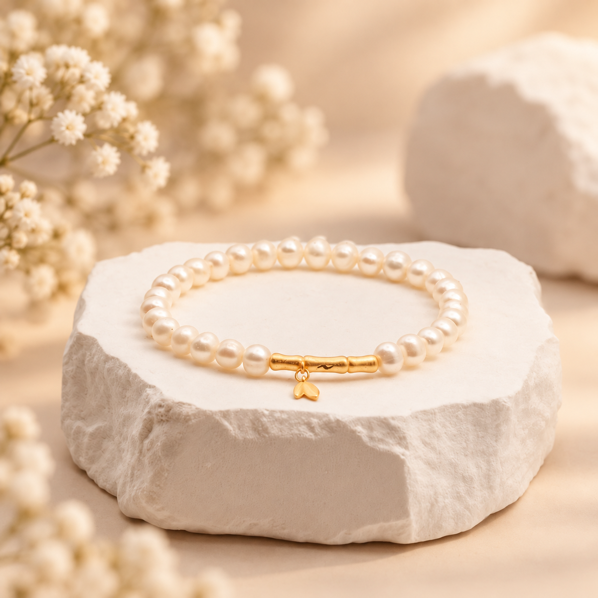 Pearl Bracelet with Golden Bamboo Charm