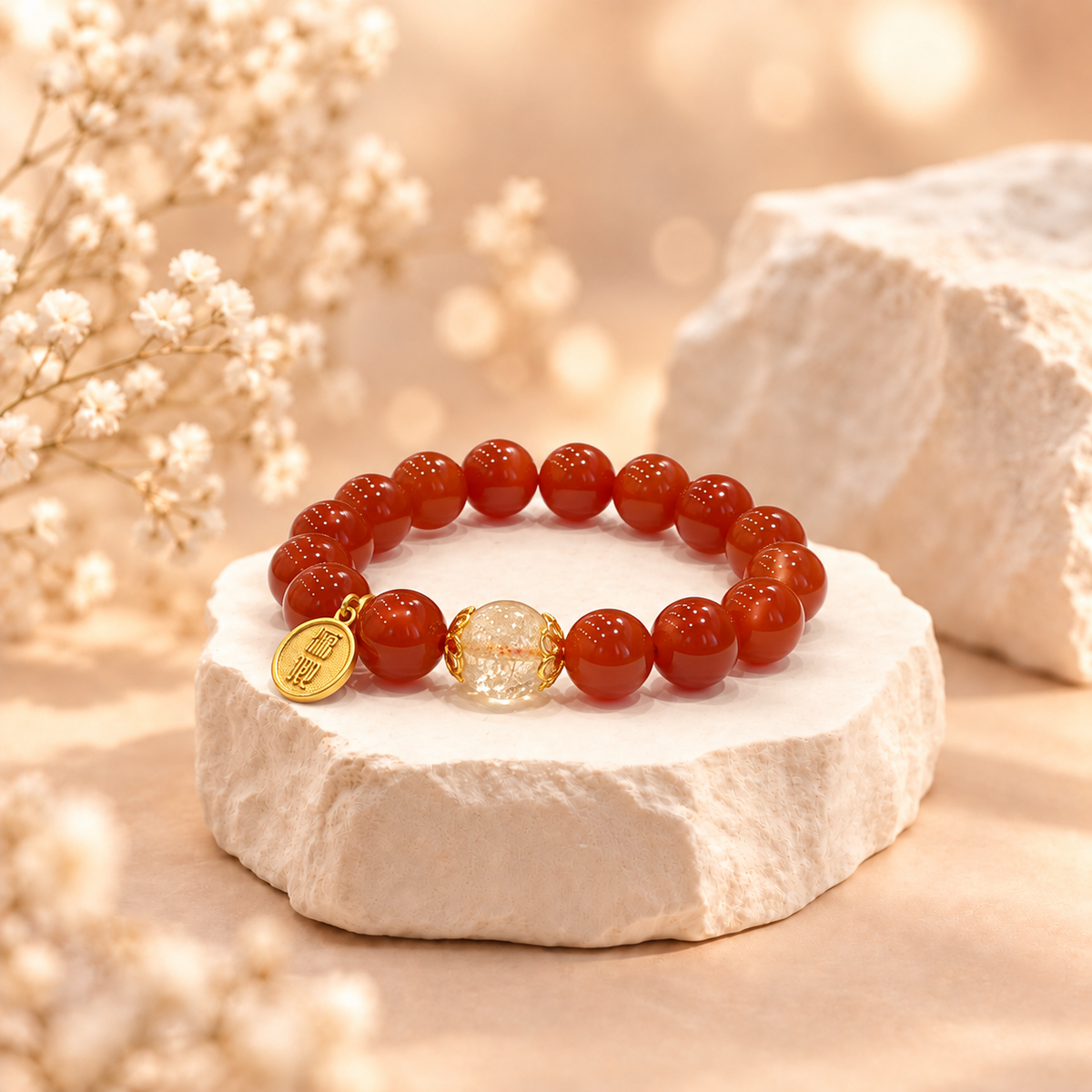 Red Agate Bracelet with Golden Rutilated Quartz