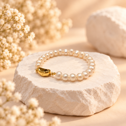 Pearl Bracelet with Golden Yuanbao Charm