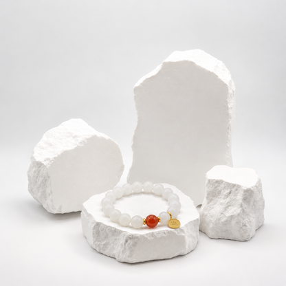 White Marble Bracelet with Red Agate and Fu Blessing Charm