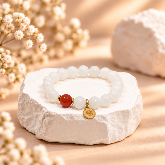 White Marble Bracelet with Red Agate and Fu Blessing Charm